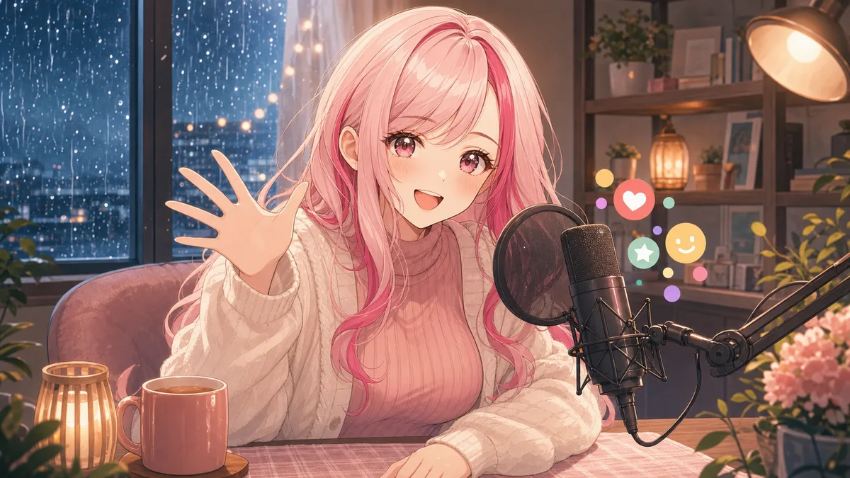 雨の配信部屋でマイクに向かい、コメント欄へ自己紹介する女性キャラクターのイメージ