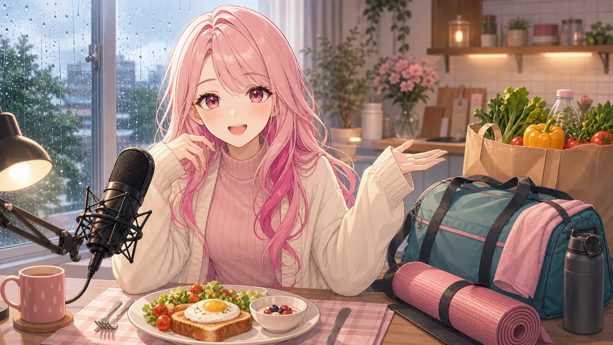 雨上がりのキッチンと部活バッグを背景に、朝食を前に話す女性キャラクターのイメージ