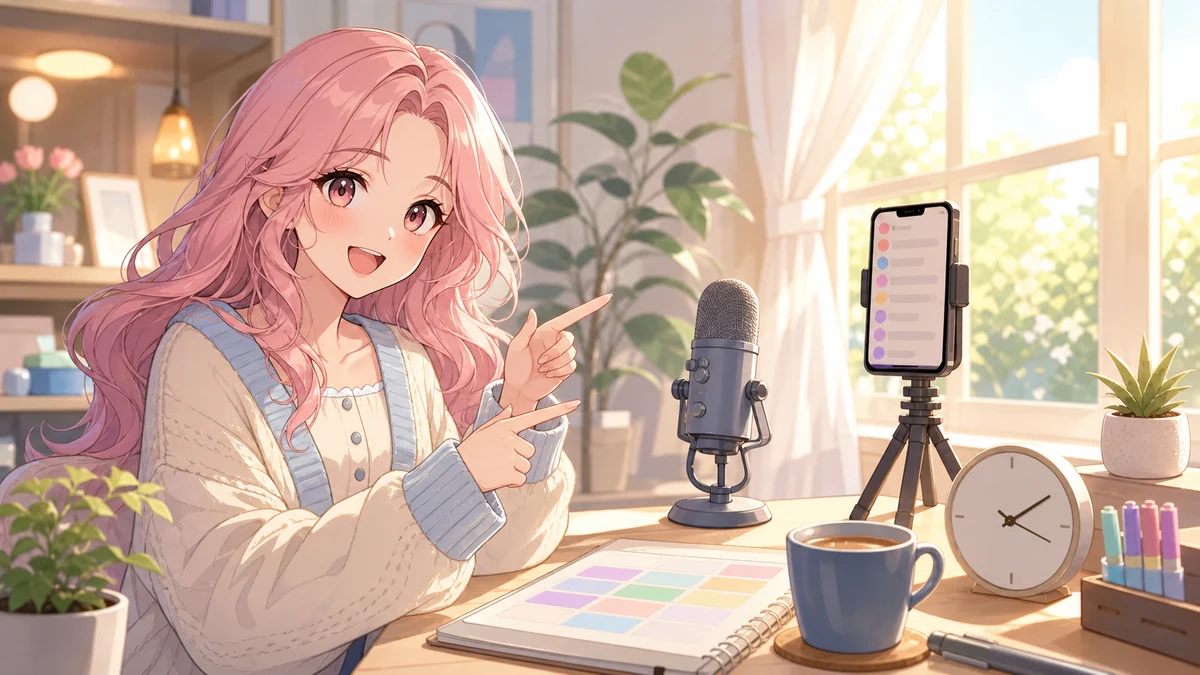 朝の予定表と配信机を指すオリジナルキャラクター
