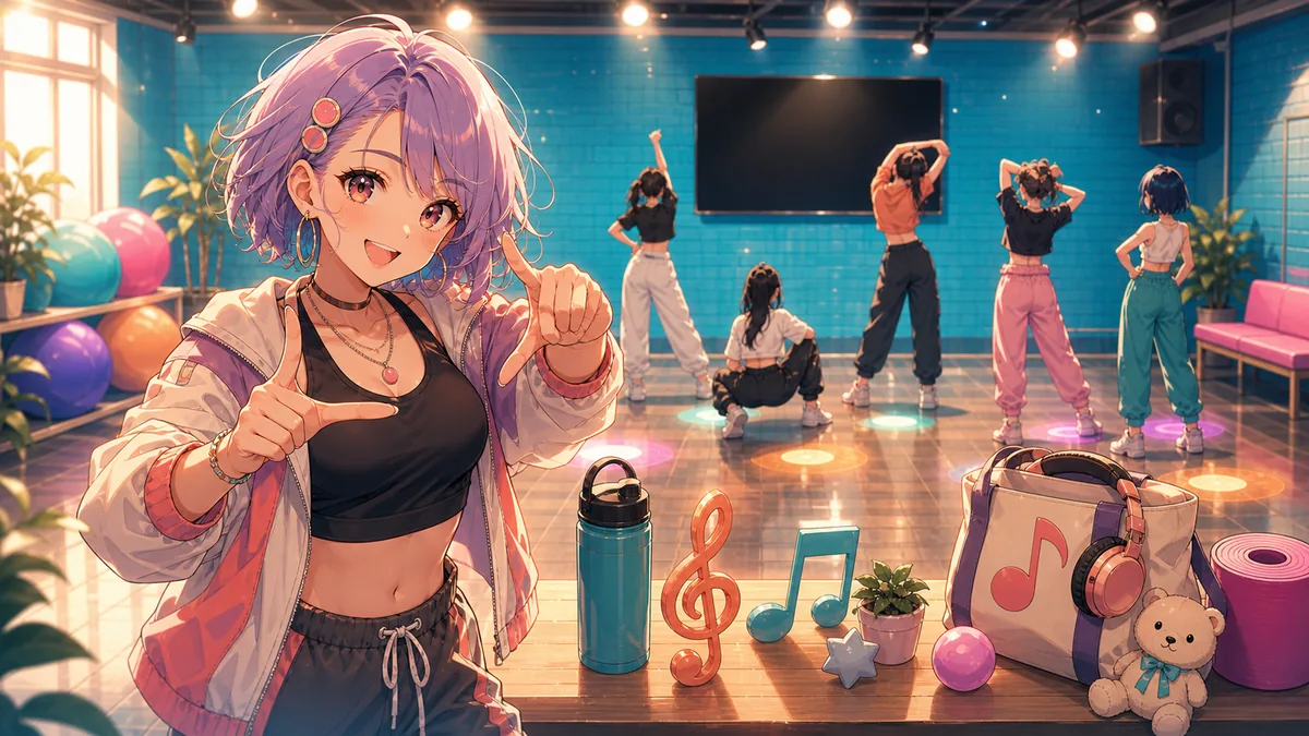 青いレンガ壁のダンススタジオで音楽小物と配信メモを並べるオリジナル女性キャラクターのイメージ