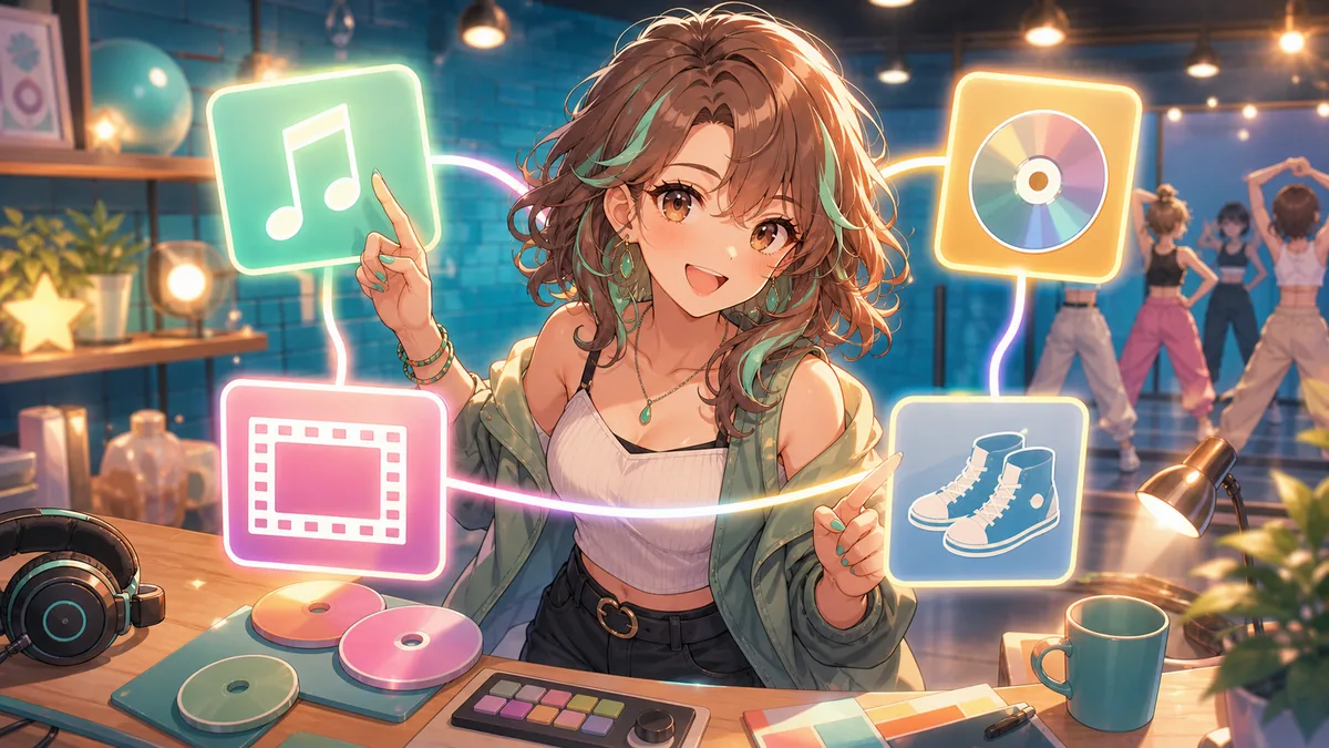 配信リンク、MV、CDページを行き来して音楽メモを整理するオリジナル女性キャラクターのイメージ