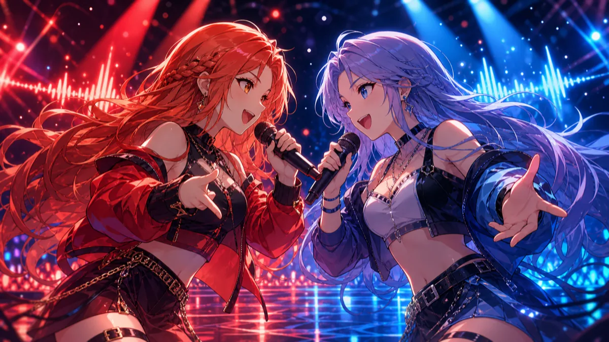 赤と青のネオンステージで二人の歌声が交差するオリジナルキャラクターのイメージ