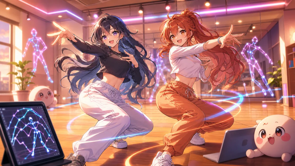 ダンスモーションの広がりを明るいスタジオで楽しむオリジナルキャラクターのイメージ