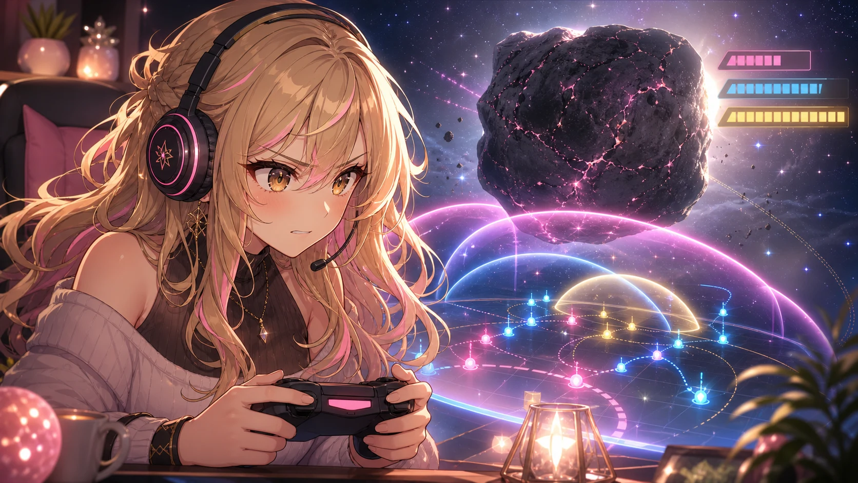 宇宙空間の巨大な岩塊を背景に光る戦術表示を見上げる金髪の女性キャラクターのイメージ