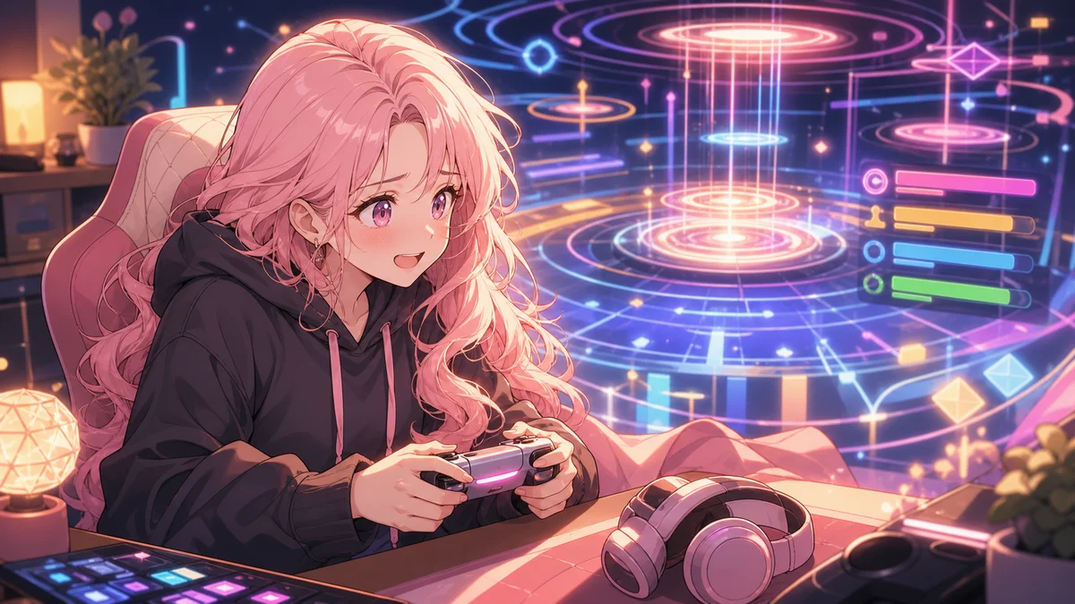抽象的な光のリングとステータスバーを前に集中してコントローラーを握る女性キャラクターのイメージ