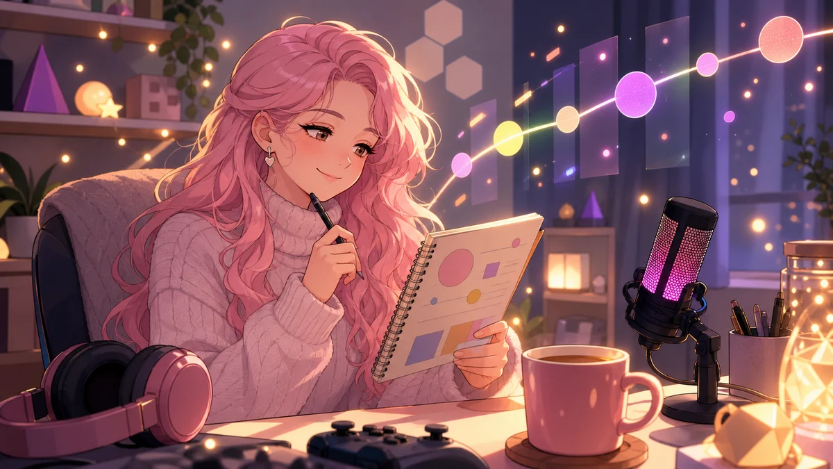 コントローラーとノートを置いた夜の配信机で流れを振り返る女性キャラクターのイメージ