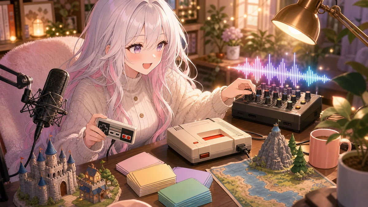明るい配信机でレトロゲーム機と説明書を広げる女性キャラクターのイメージ