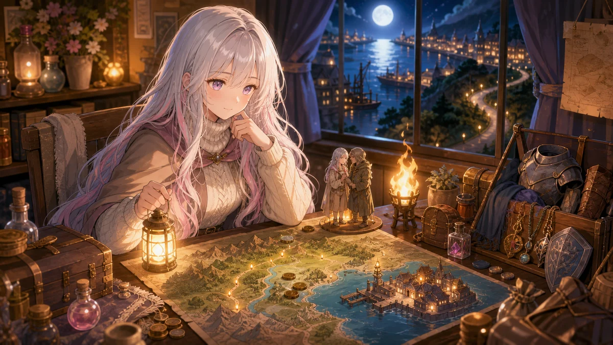 夜の港町へ向かう地図と松明を前に進路を考える女性キャラクターのイメージ