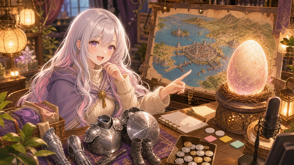 竜の卵の伝承が残る町で地図と銀の装備を確認する女性キャラクターのイメージ
