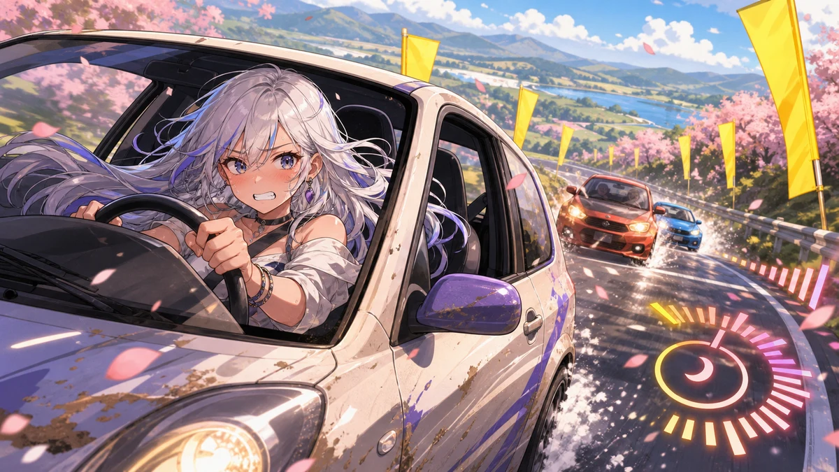 黄色いチェックポイント旗の間を曲がる白い車と緊張した運転席の人物