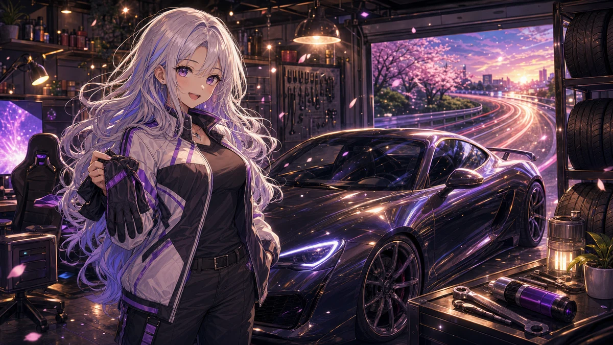 ガレージでタイヤラックと黒いスポーツカーの横に立つ人物