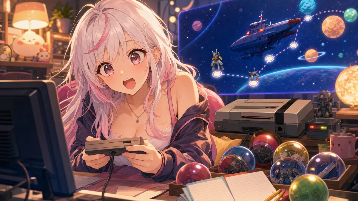 明るい配信部屋でレトロゲーム機と宇宙地図を前に驚く女性キャラクターのイメージ