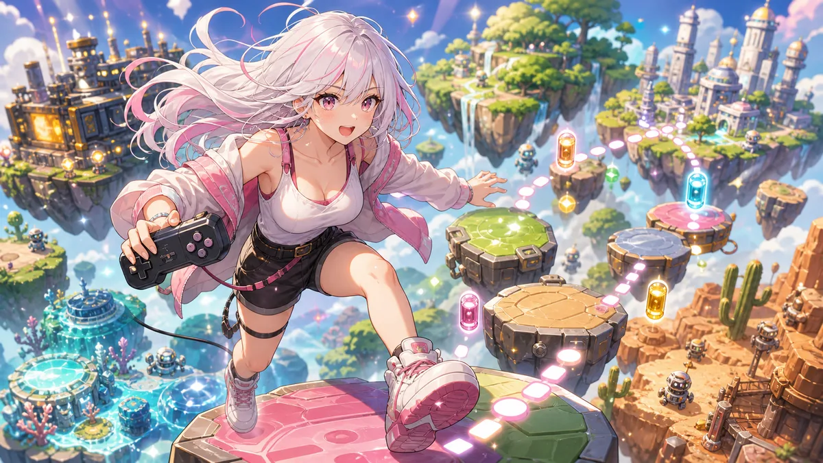 カラフルな惑星ステージで足場を見極めながらジャンプする女性キャラクターのイメージ