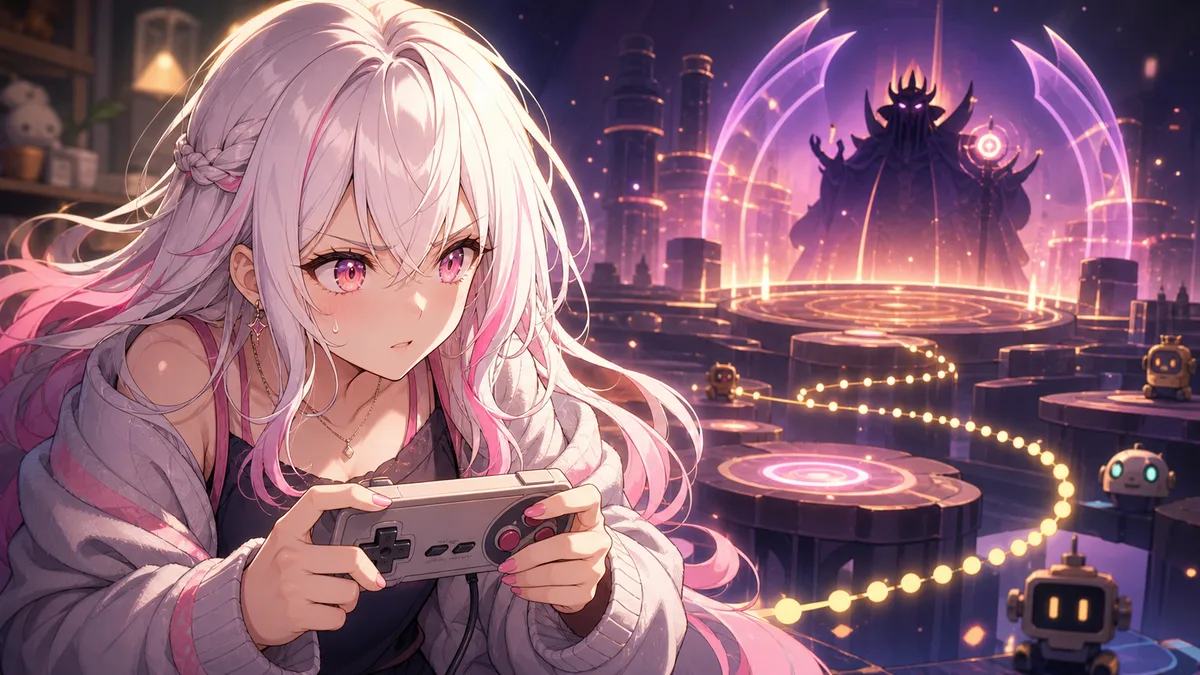 巨大な影のボスを前にガードのタイミングを測る女性キャラクターのイメージ