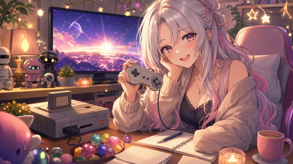 エンディング後の配信部屋でゲームカートリッジとメモを見ながら笑う女性キャラクターのイメージ