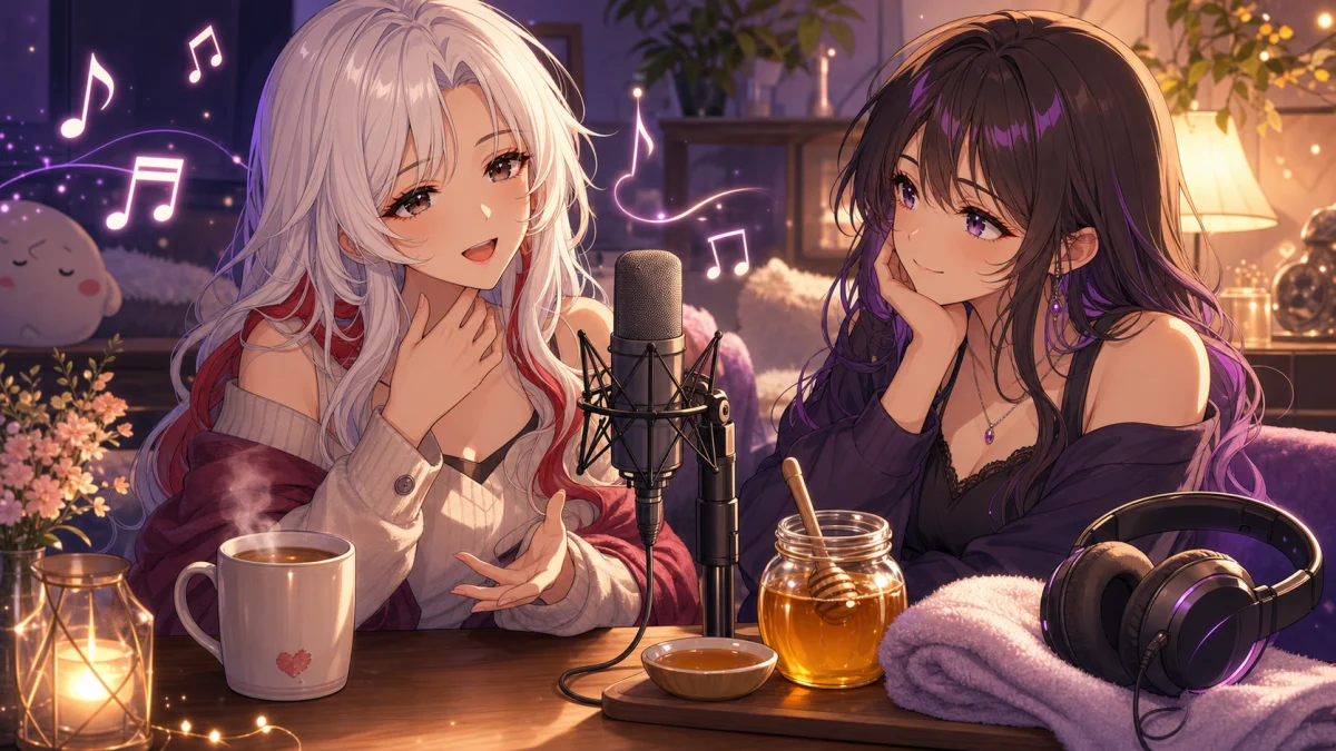 あたたかいライトの部屋でマイクと湯気の立つカップを前に話す人物