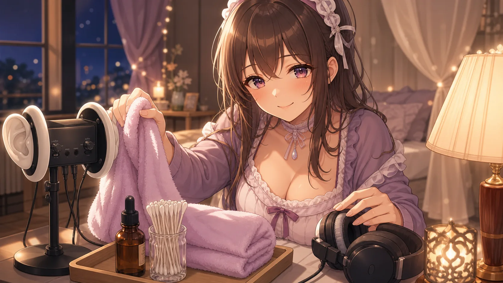 深夜の寝室でASMR録音環境とタオルを整えるイメージ