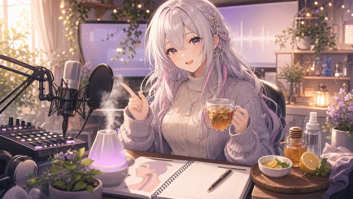 白銀色の髪の女性キャラクターがマイクと温かい飲み物の前で喉のメモを見せる配信部屋のイメージ