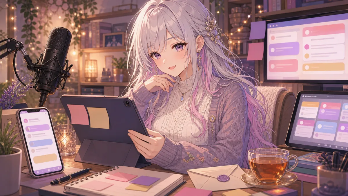 白銀色の髪の女性キャラクターが抽象的な投稿画面とメモを確認する配信部屋のイメージ