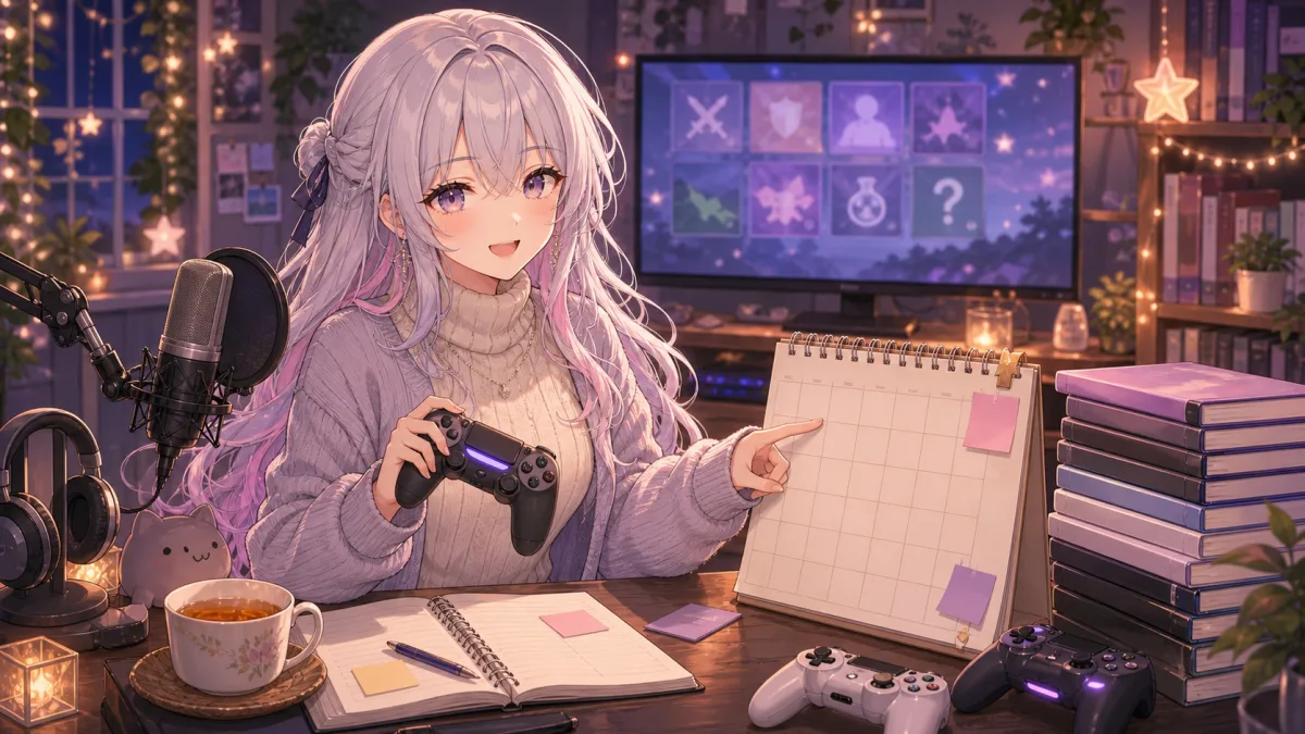 白銀色の髪の女性キャラクターがゲームコントローラーと予定表を前に次の配信を考えるイメージ