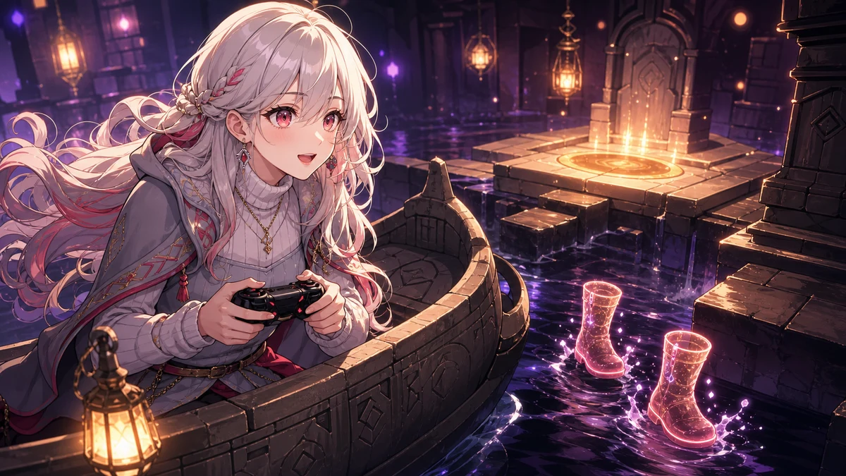 地下を進む石の船の上で足場と影を見比べる女性キャラクターのイメージ