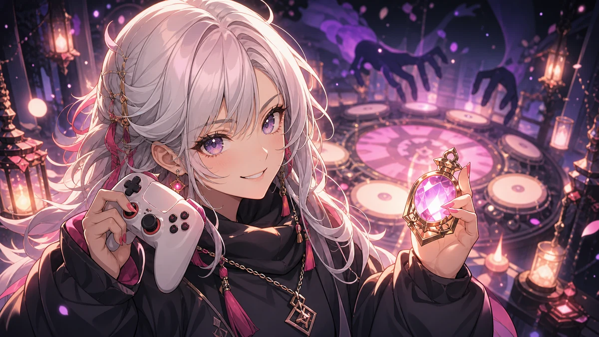 太鼓のような床の上で光るレンズと弓を構える女性キャラクターのイメージ