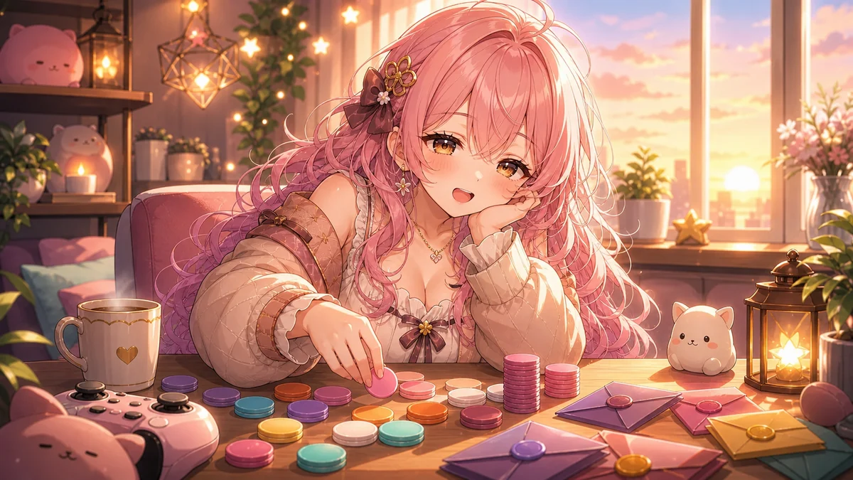 明るい配信部屋でゲームイベントの予想メモと複数の画面を見比べる女性キャラクターのイメージ