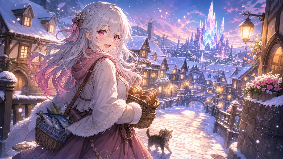 雪の町を歩きながら地図と温かい料理を持つ女性キャラクターのイメージ