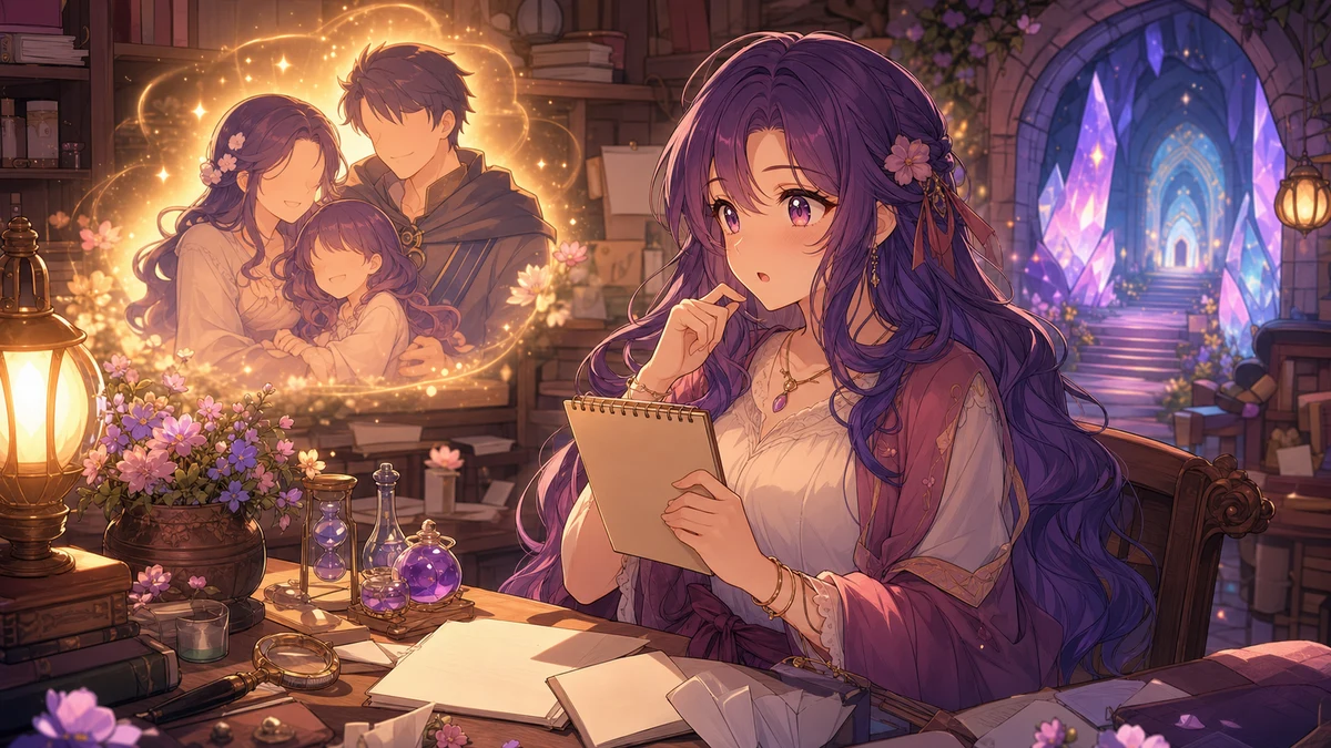 結晶の通路で仲間の言葉を受け止める女性キャラクターのイメージ