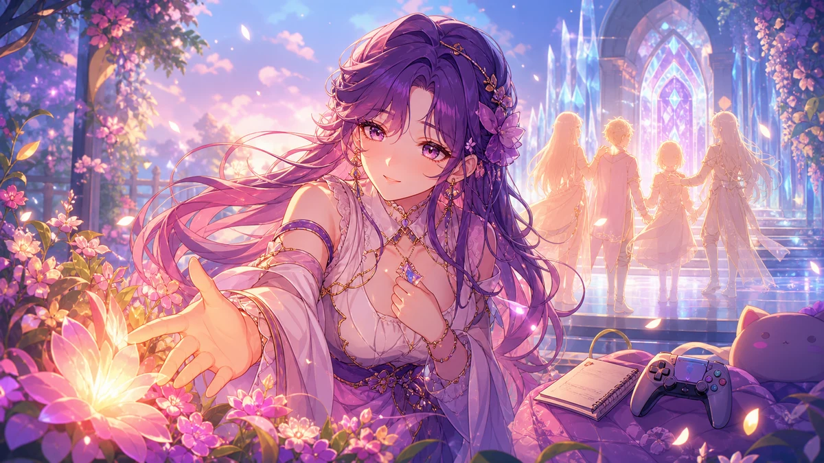 光る花と仲間の影を見つめる女性キャラクターのイメージ