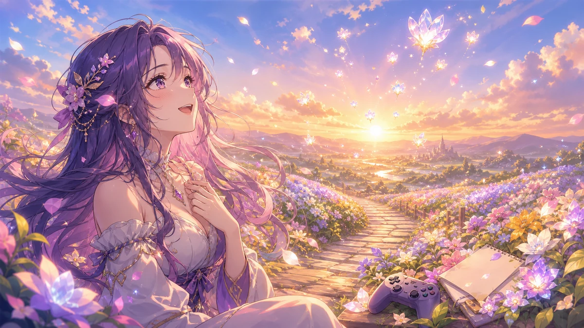 花畑に光が舞い上がる明るいエンディング風のイメージ