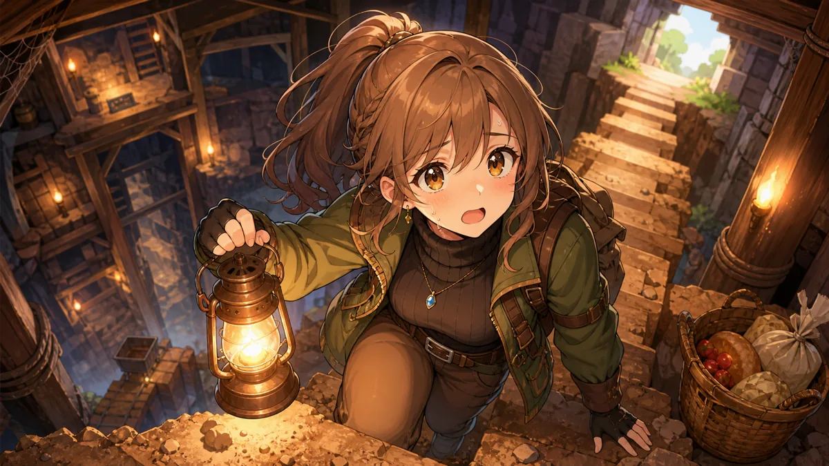 空腹と落下で始まった廃坑リベンジをイメージしたオリジナル女性キャラクターのイラスト