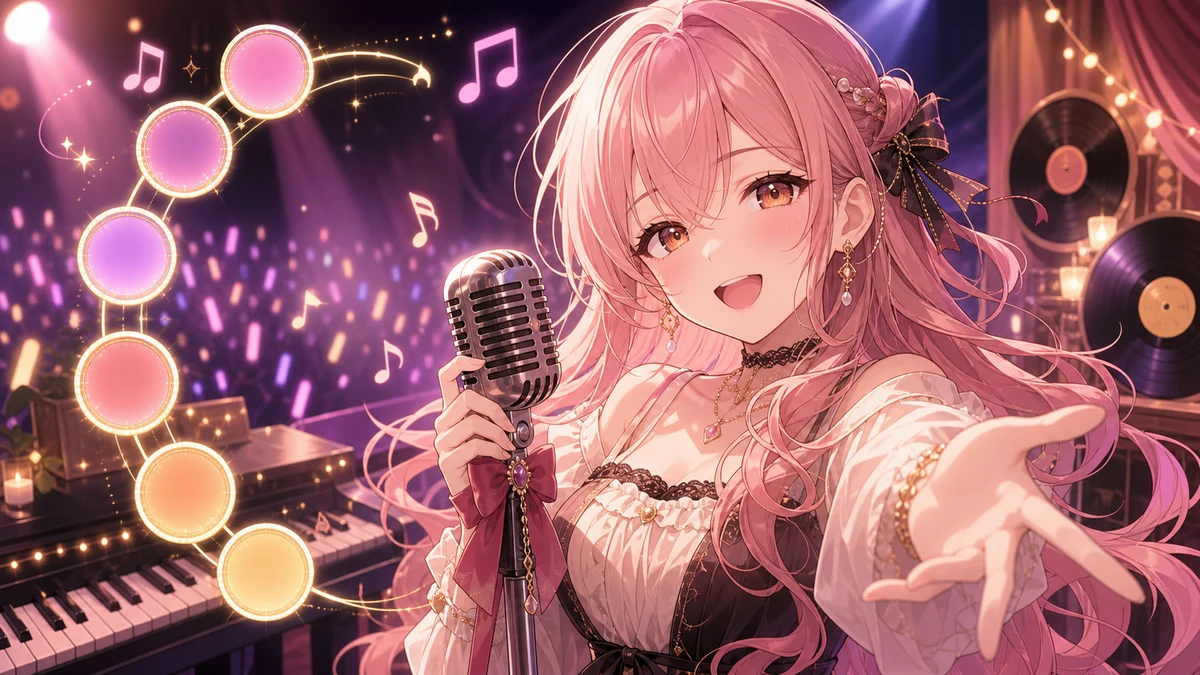 小さなステージでレトロなマイクとピアノを囲み、夜の歌枠を楽しむ女性キャラクターのイメージ