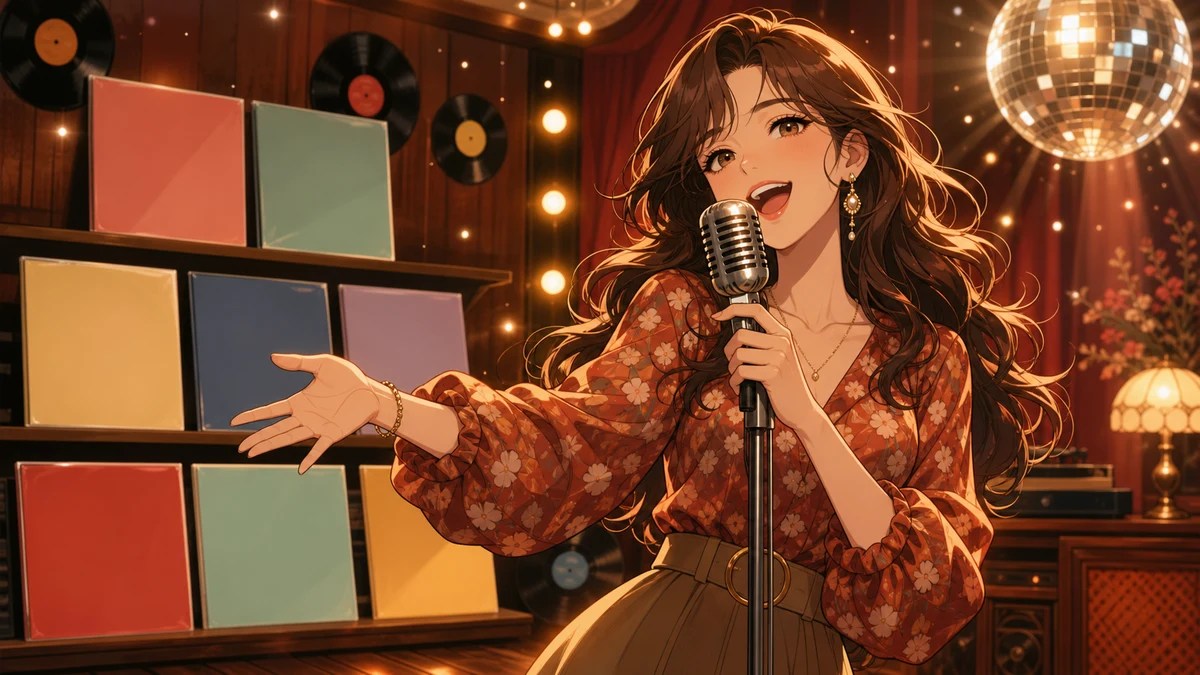 レトロなステージでレコードと譜面台を囲みながら歌う女性キャラクターのイメージ