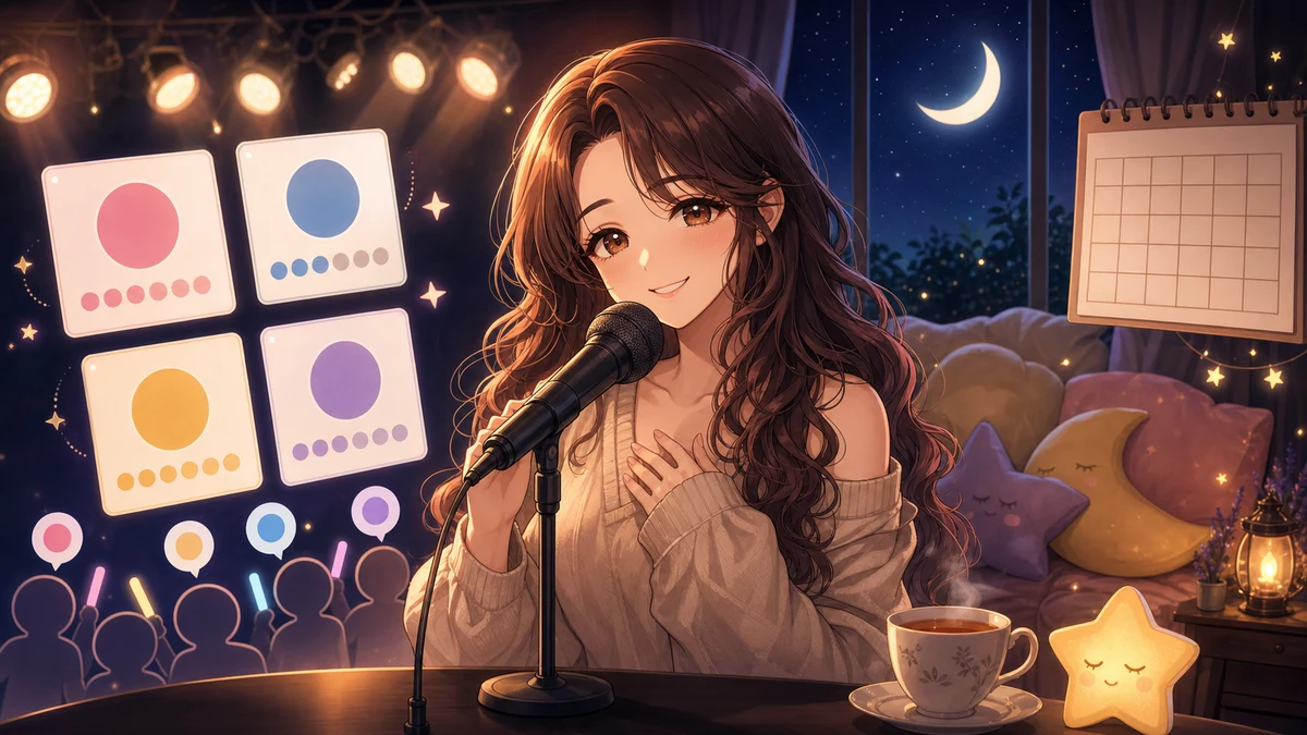 カレンダーと投票カードを前に、夜のステージで最後の曲を選ぶ女性キャラクターのイメージ