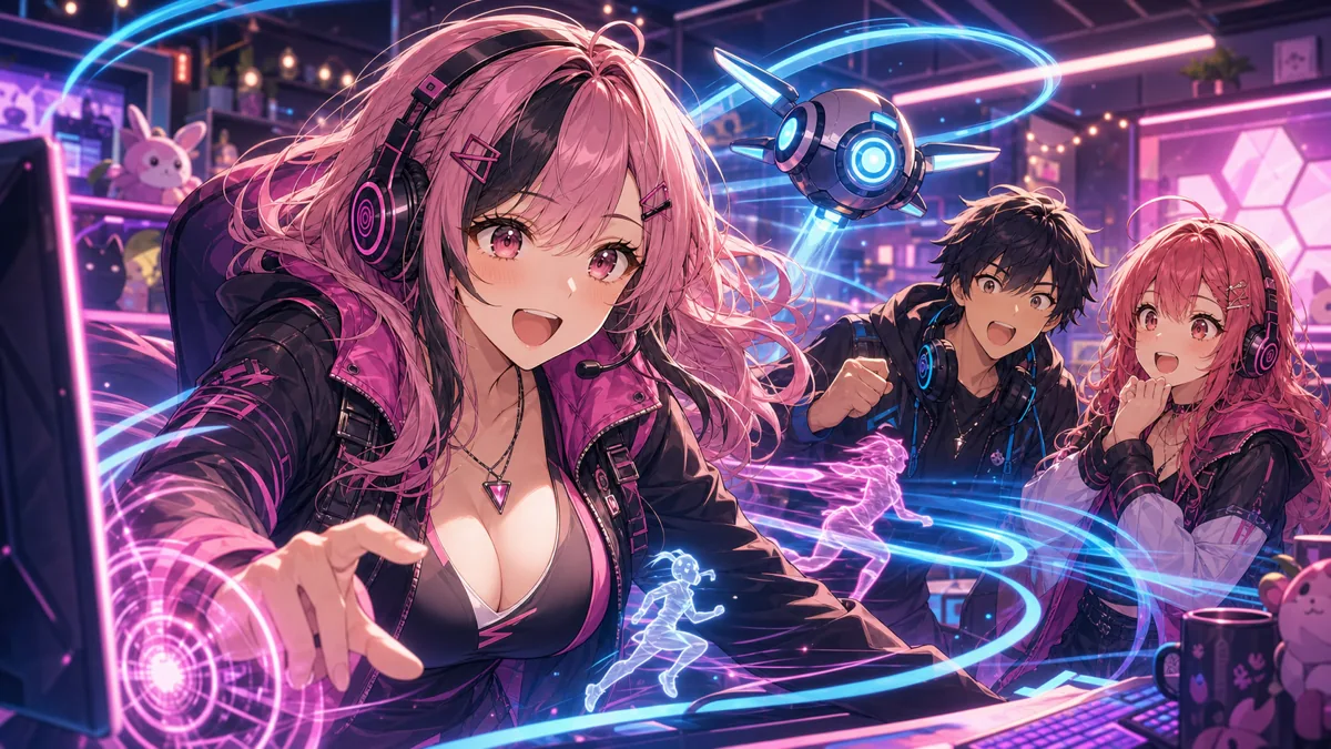 アクセル風の高速移動をかわいいゲーム配信サムネ風に表現したオリジナルキャラクターのイメージ