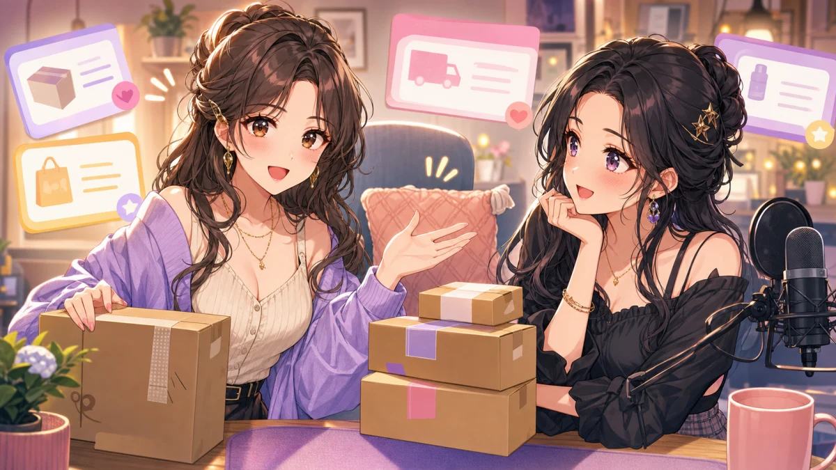 明るい配信部屋で案内用の小物と枕を前に話すオリジナル女性キャラクターのイメージ