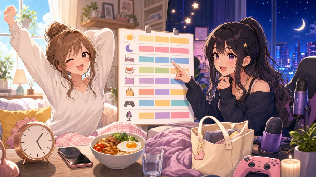 昼過ぎの部屋で時計とスマホと食事を並べて生活リズムを眺めるオリジナル女性キャラクターのイメージ