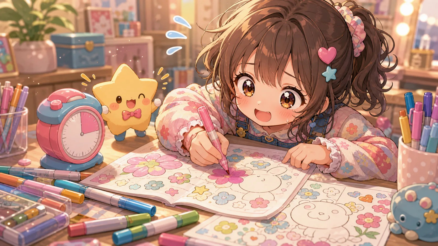 塗り絵ブックとカラーペンを前に制限時間で焦る表情豊かなオリジナルキャラクターのイメージ