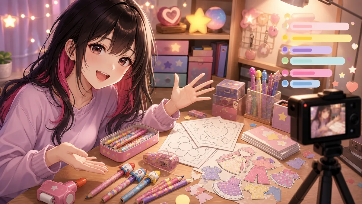 配信用の机に平成文房具と塗り絵、着せ替えパーツを並べて紹介するオリジナルキャラクターのイメージ