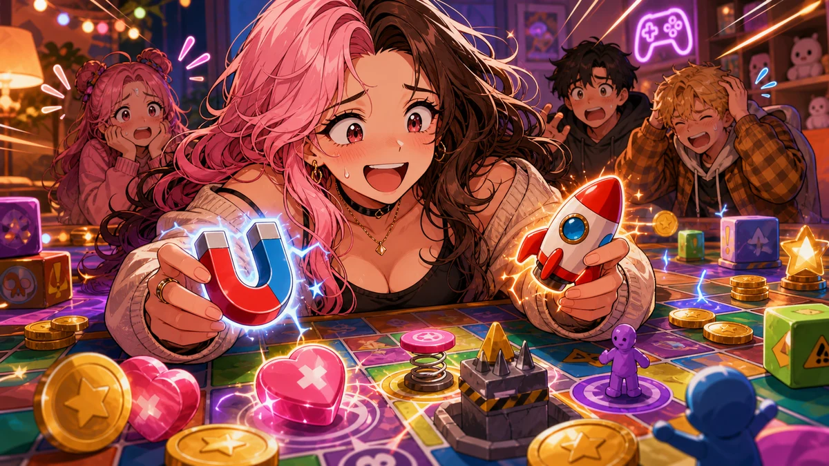 カラフルな盤面で磁石とロケットのアイテムを選ぶ女性キャラクターのイメージ
