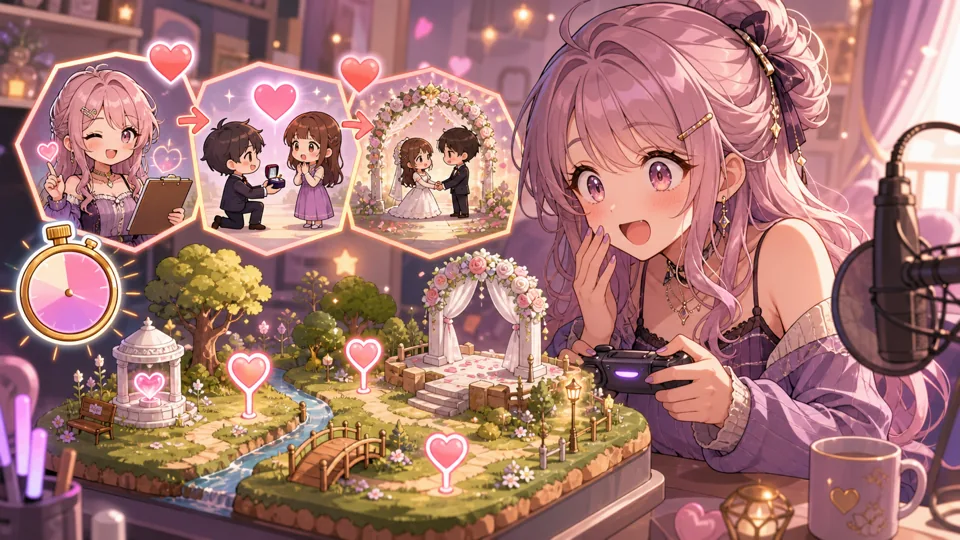 恋愛相談と結婚式の小物を前に驚くオリジナル女性キャラクターのイメージ
