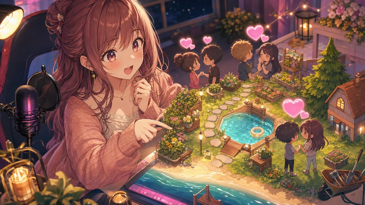 夜の配信部屋で島の庭とプールの配置を考えるオリジナル女性キャラクターのイメージ