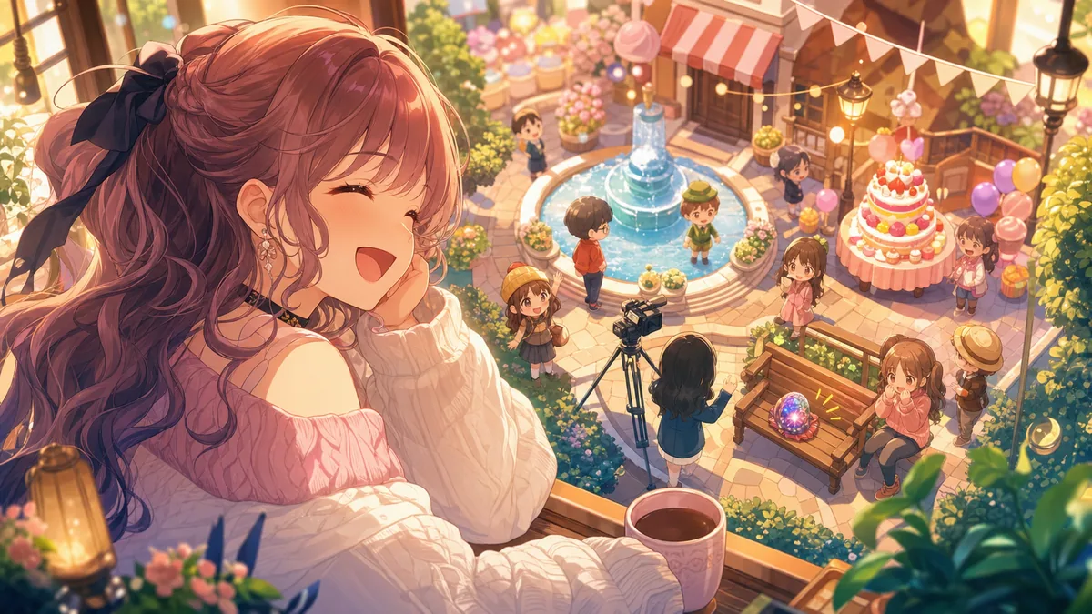 噴水広場のニュースカメラと誕生日の飾りを見守るオリジナル女性キャラクターのイメージ
