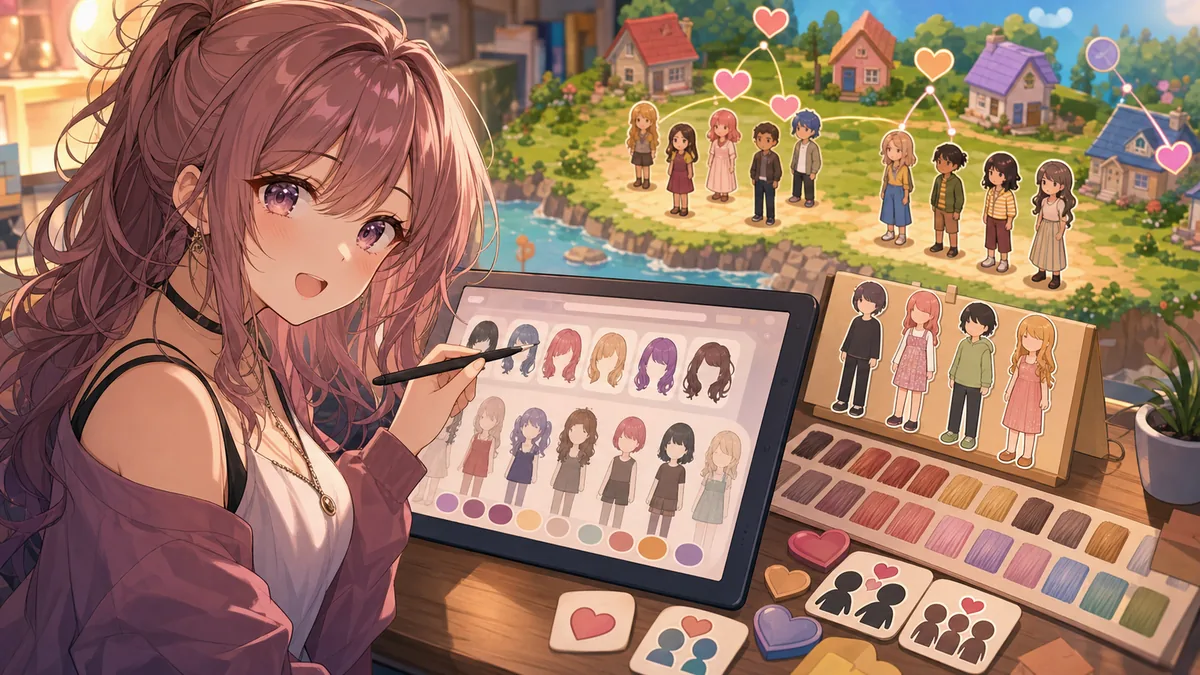 住民カードと髪型サンプルを並べて島のメンバー追加を考えるオリジナル女性キャラクターのイメージ