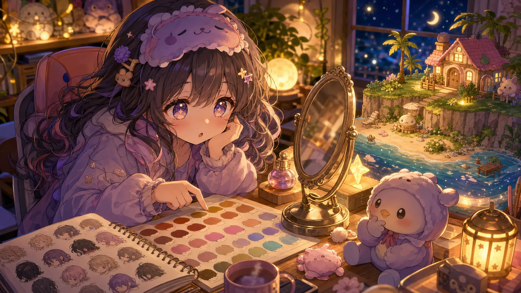 眠そうに配信机で自分Miiの髪色を選ぶオリジナルキャラクターのイメージ
