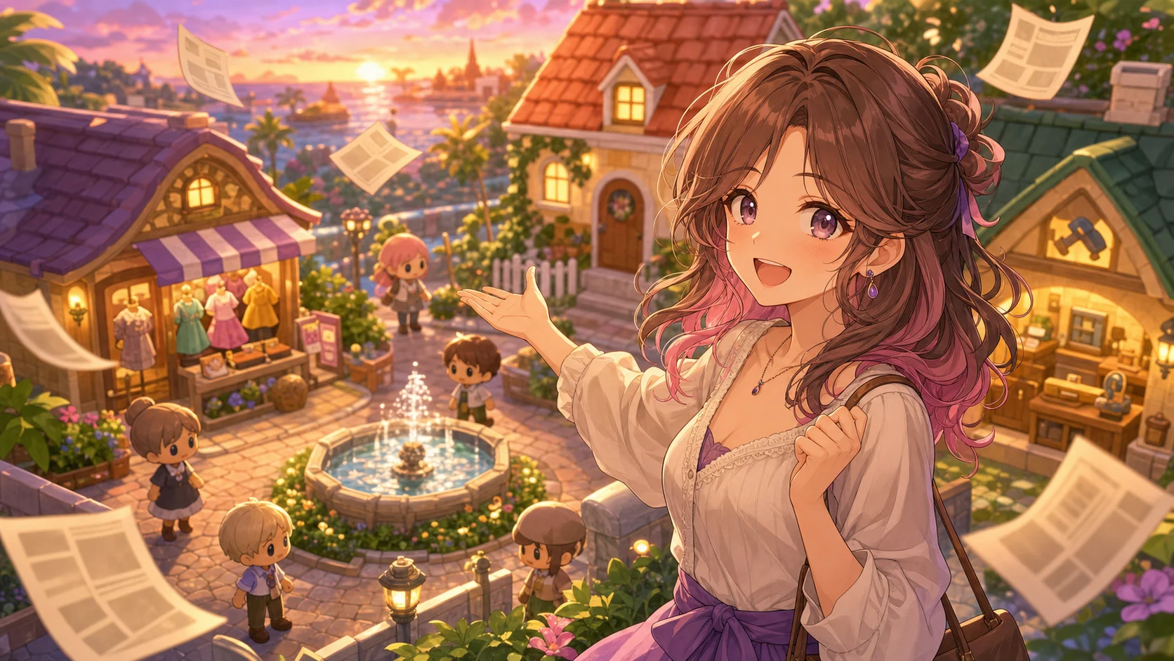 噴水広場と服屋、リフォーム屋が並ぶミニチュア島でニュースが舞うオリジナルキャラクターのイメージ