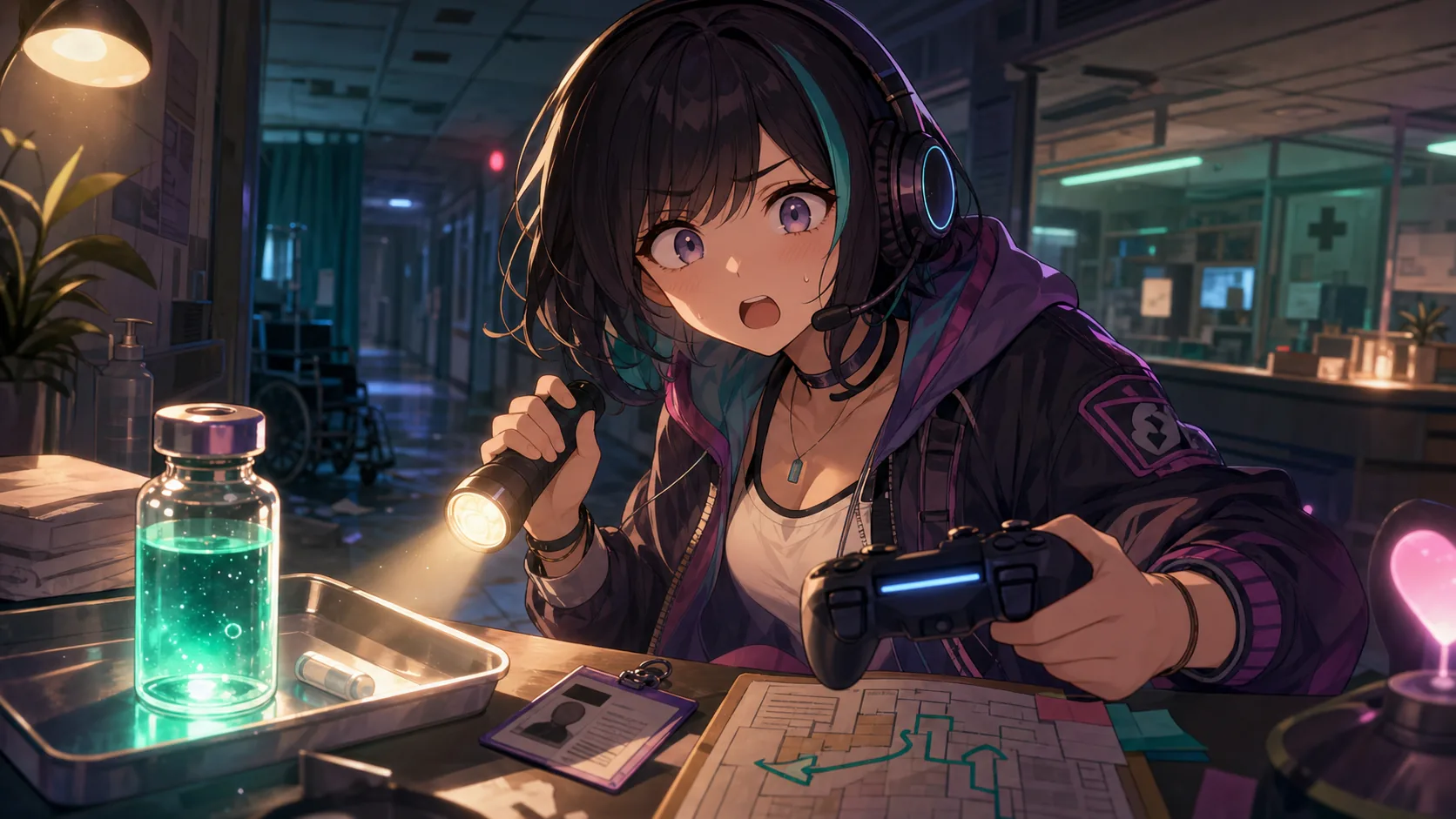 病院でワクチンとIDカードを探すオリジナルキャラクターのイメージ