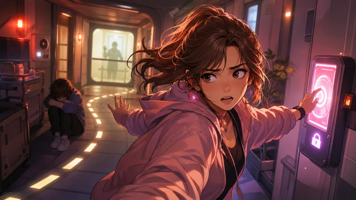 研究施設で仲間を守るために端末と通路を見比べるオリジナル女性キャラクターのイメージ