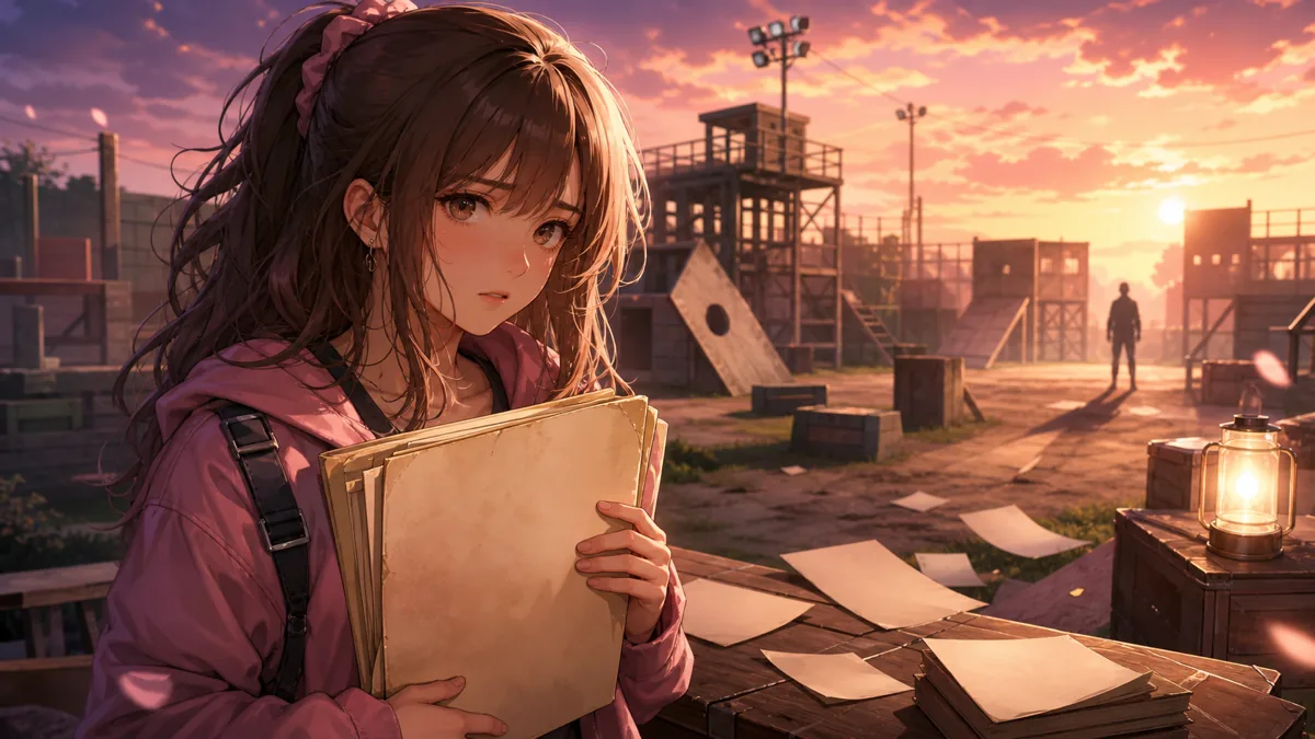 古い作戦資料と夕焼けの訓練場を背景に決意するオリジナル女性キャラクターのイメージ